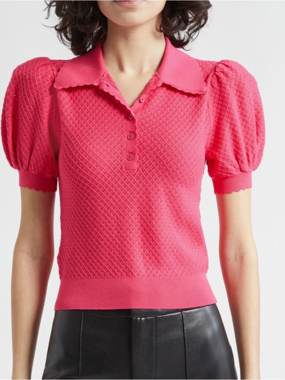 Alice + Olivia Ramona Puff Sleeve Pointelle Polo Sweater